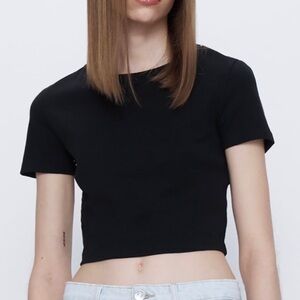 ZARA Black Crochet Short Sleeve Cropped Baby Tee